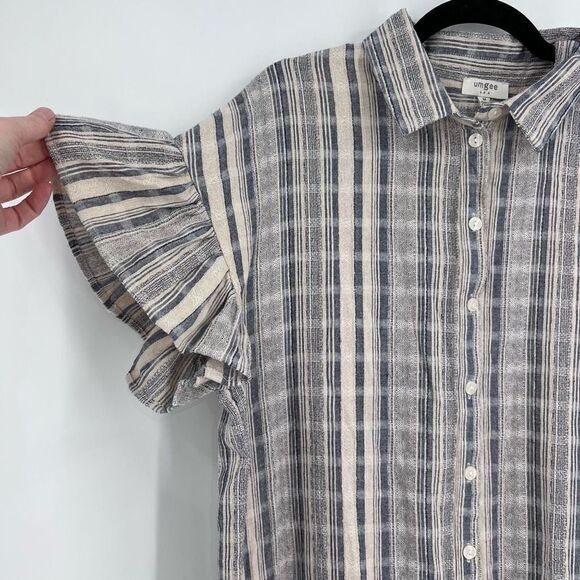 Umgee Women's Shirt Dress Button Up Mini Ruffled Sleeve High Low‎ Hem Tan Medium - Picture 3 of 10